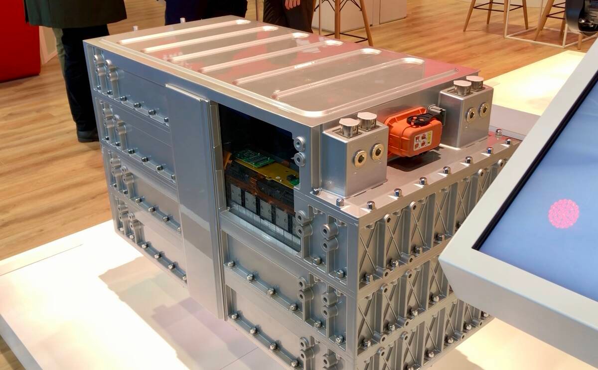 FPT’s Forma modular battery pack concept on the show floor at Agritechnica 2025, in Hanover, Germany.  Photo: Greg Berg