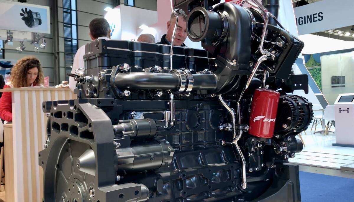 FPT’s diesel-powered N67 VGT Stage 5 engine on the show floor at Agritechnica. Its N-series have been in production since 2001 with over two-million engines built.  Photo: Greg Berg