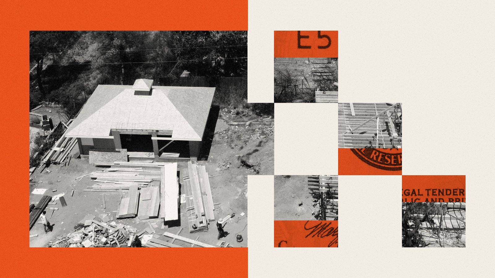 Collage including photo of home being rebuilt after wildfires and dollar bills