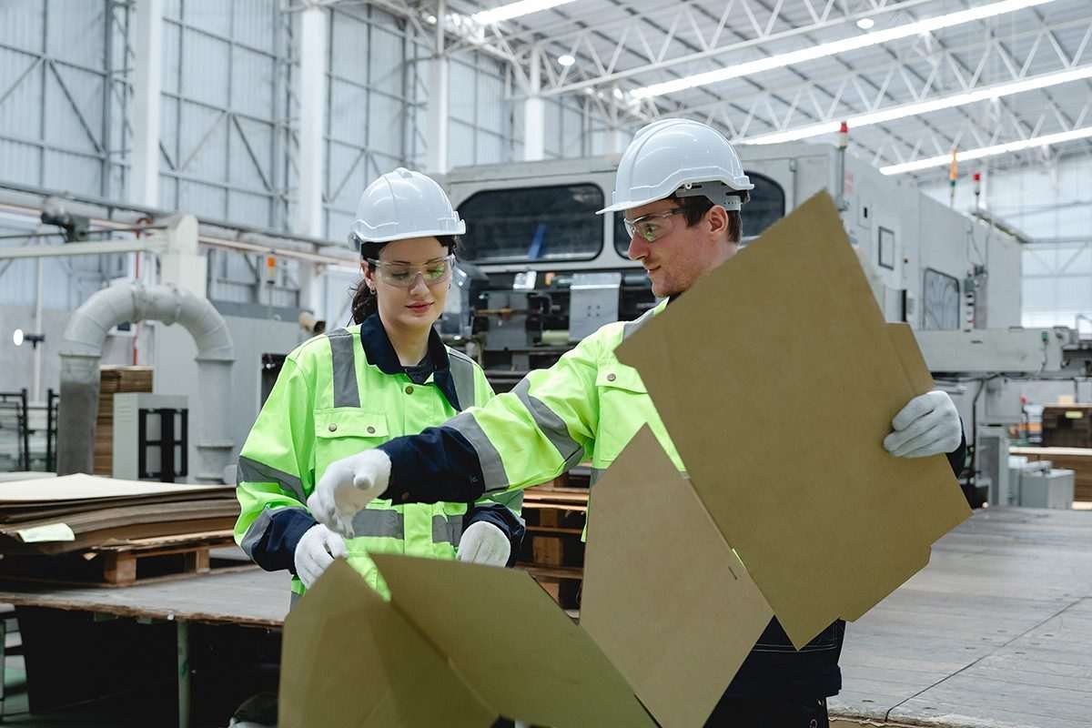 Two engineers in hi-vis and hard hats in an indoor manufacturing location: one holds a piece of beige cardboard and appears to be in conference with the other one