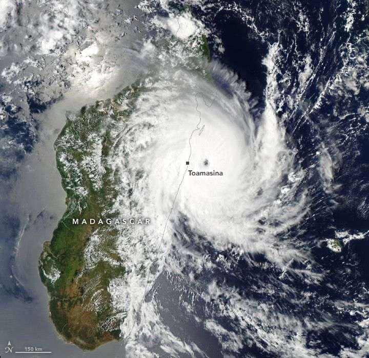 Storm clouds swirl over northwestern Madagascar in a satellite image acquired on February 10, 2026. The eye of tropical cyclone Gezani is visible directly east of Toamasina as the storm approaches land.