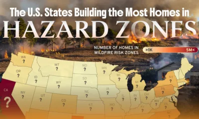 Preview of a map showing the number of homes in a wildfire risk zone by state, using data from the U.S. Fire Administration
