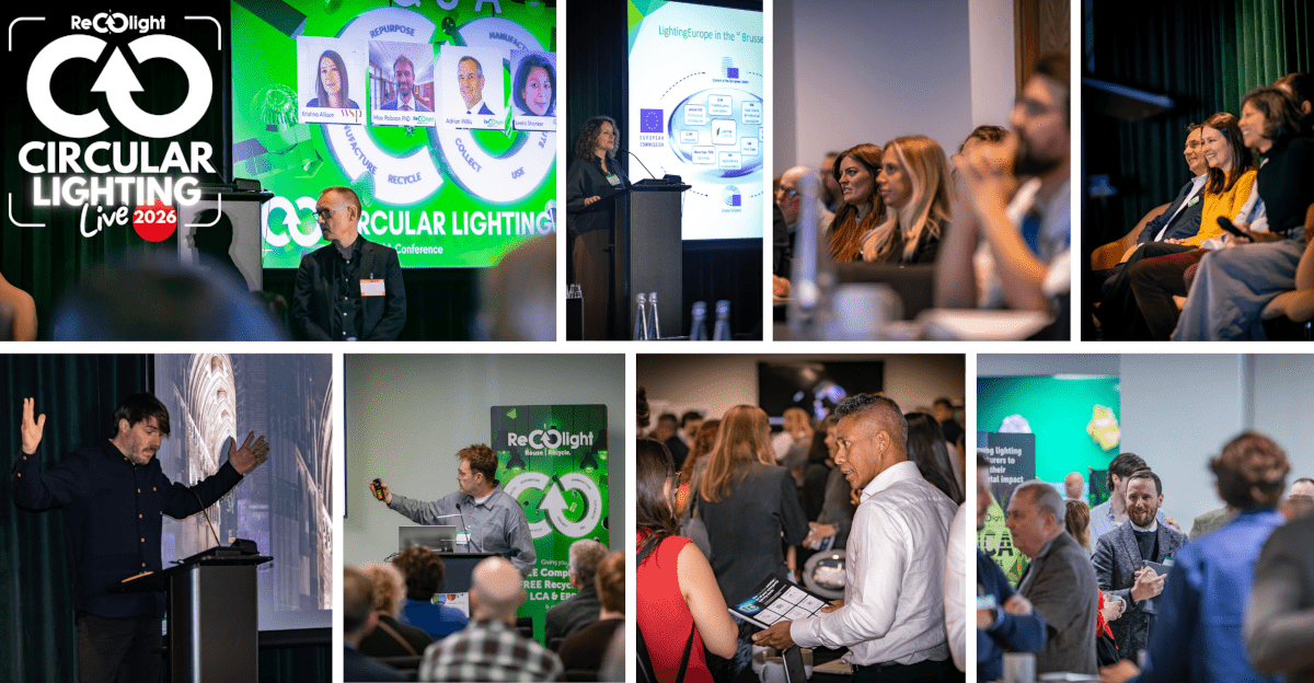 Montage image combining different scenes within an indoor event, including a speaker before an illuminated stage bearing the words 'CIRCULAR LIGHTING'