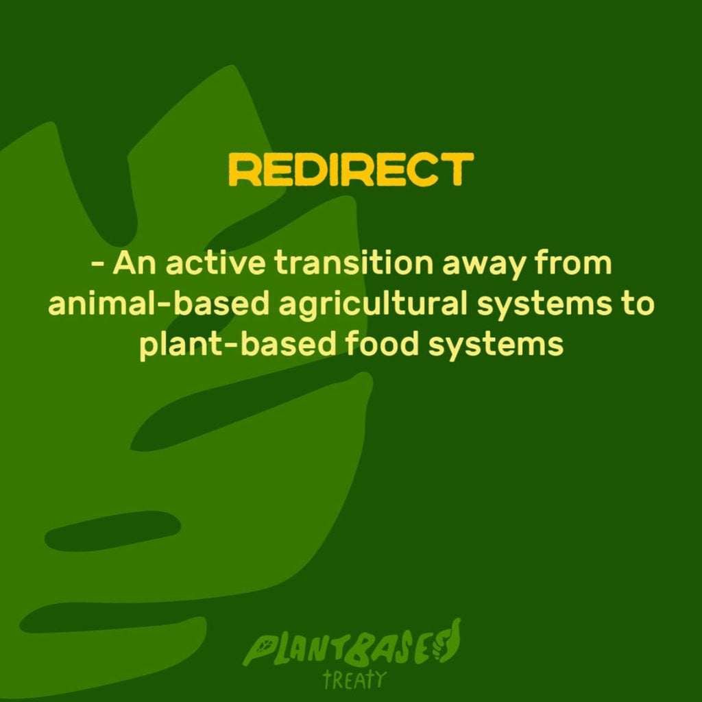 Plant Based Treaty Initative has three core principles, redirect, restore, and relinquish - which targets eliminating land-use change or expansion for animal agriculture and processing, and 40 suggested proposals of which approximately half address animal agricuture. Photo: Plant Based Treaty Initiative