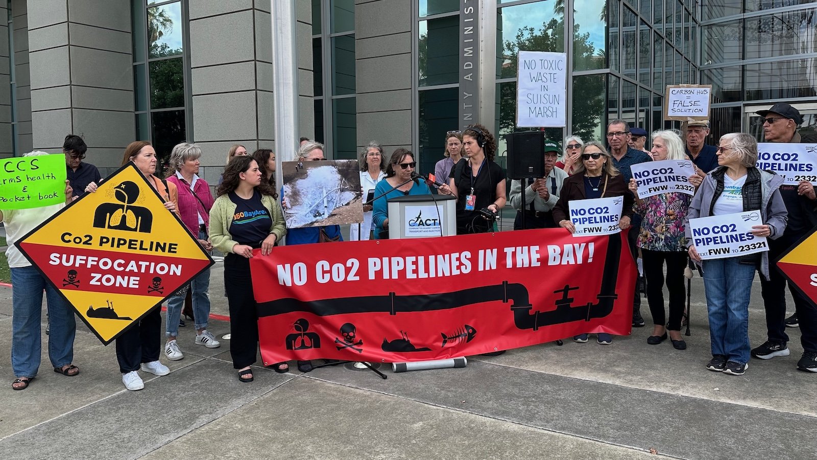 Dr. Bonnie Hamilton, a Solano County pediatrician, speaks at a Sept. 9, 2025 press conference launching Communities Against Carbon Transport and Injection, a local coalition formed to block the Montezuma Carbon project.