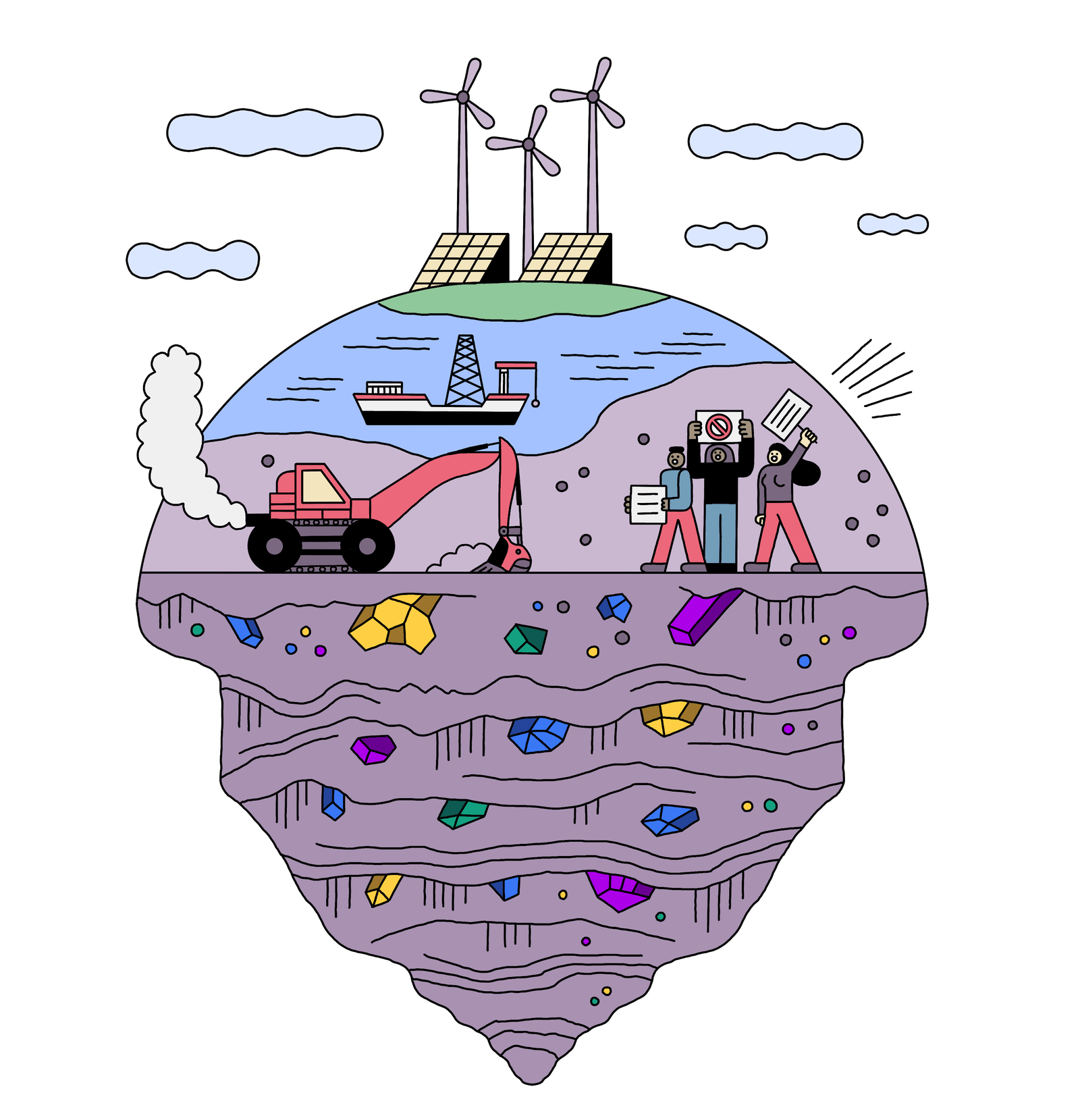 illustration of earth with wind turbines, solar panels, a ship, an excavator and protesters, with bottom of half of earth filled with chunks of minerals