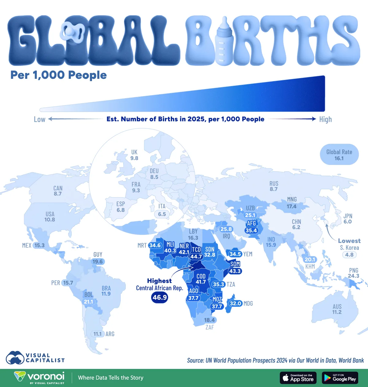 This map shows global birth rates by country in 2025, highlighting countries with the highest and lowest birth rates worldwide.