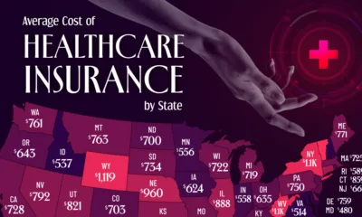 Map showing the average health insurance cost by state in 2026.