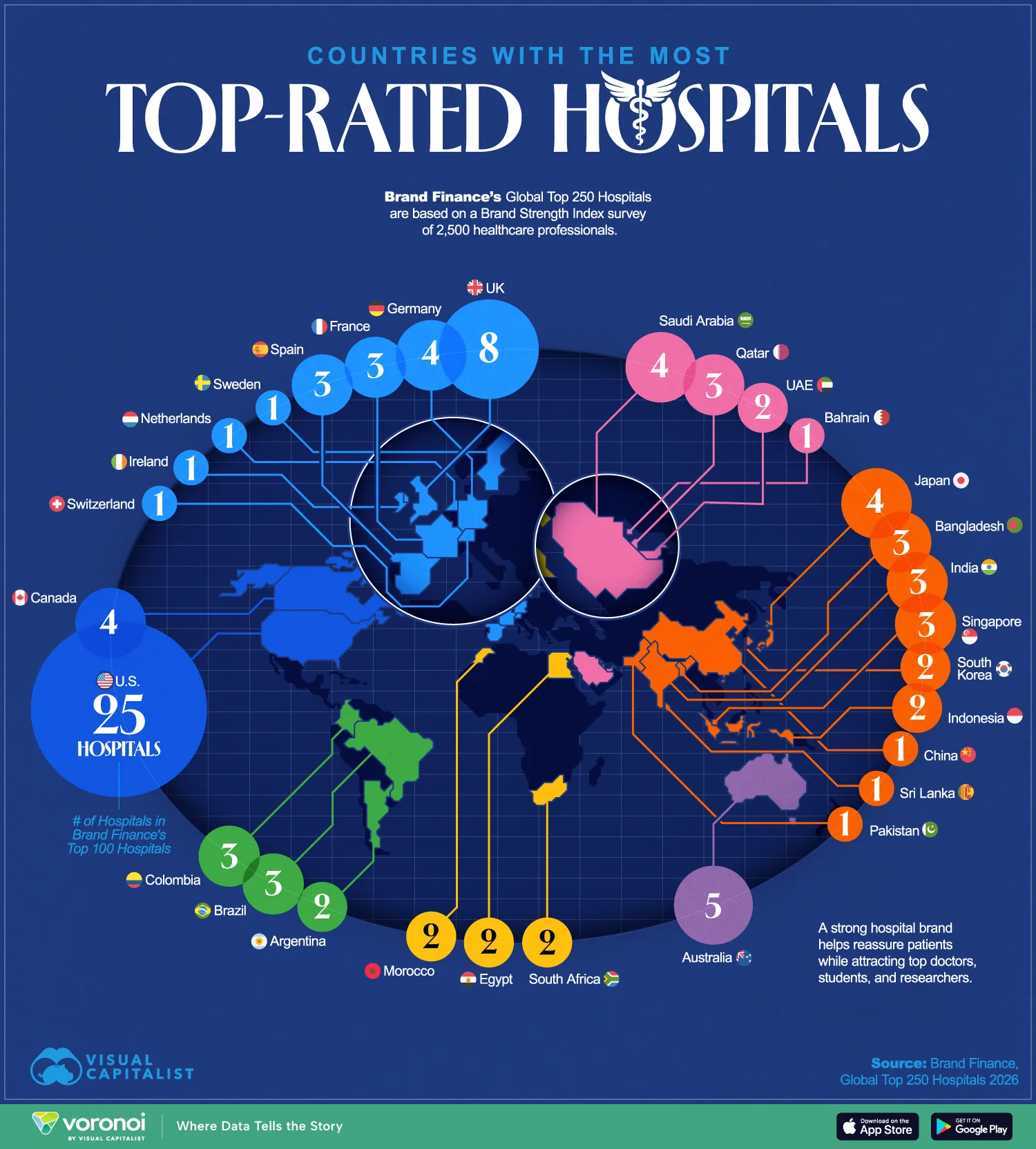 A map showing countries by the number of hospitals that appear in Brand Finance's top 100.