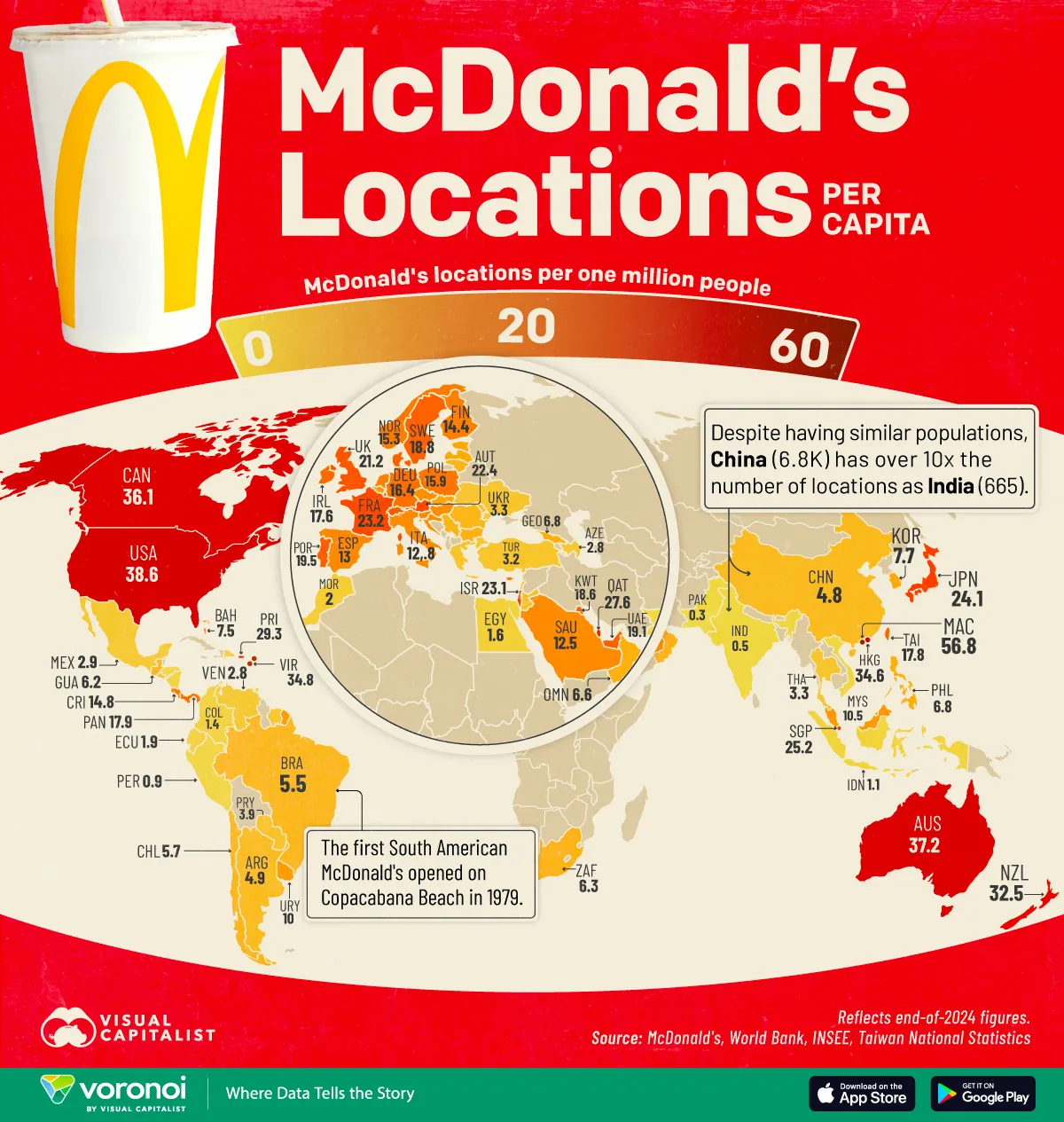 This image shows a map of McDonald's locations per capita by country.