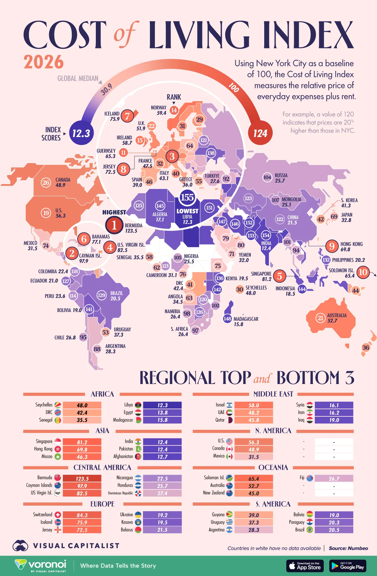 Map showing the global cost of living index in 2026.