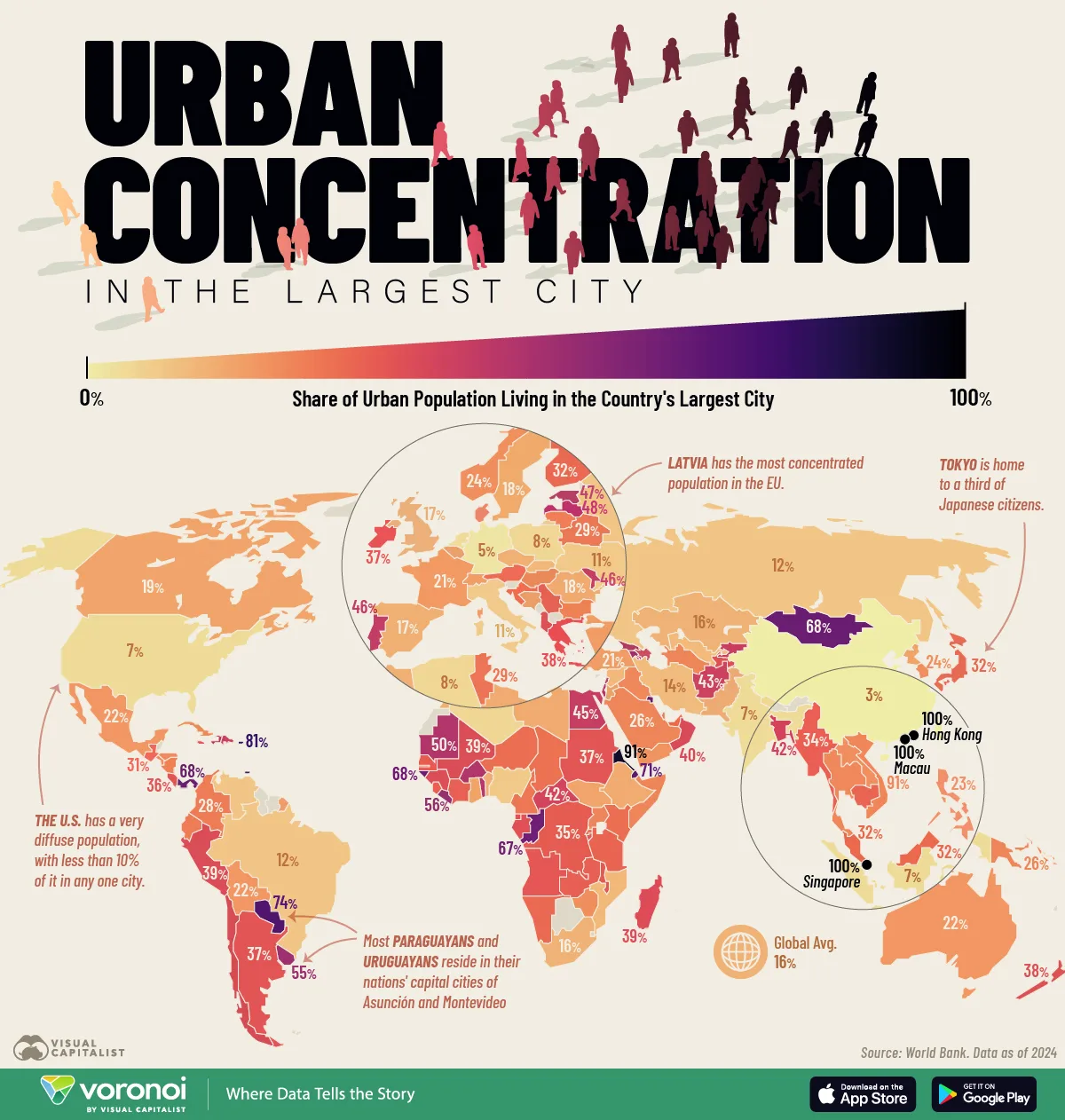 This image shows a map of the world with countries colored in based off how concentrated their populations are.