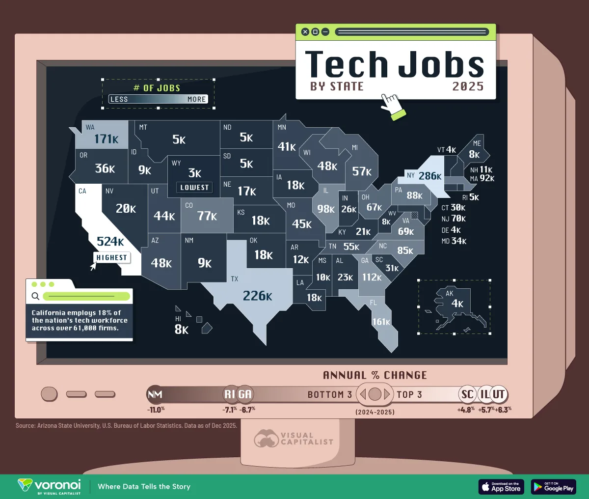 Map showing the numbers of tech jobs by state in 2025.