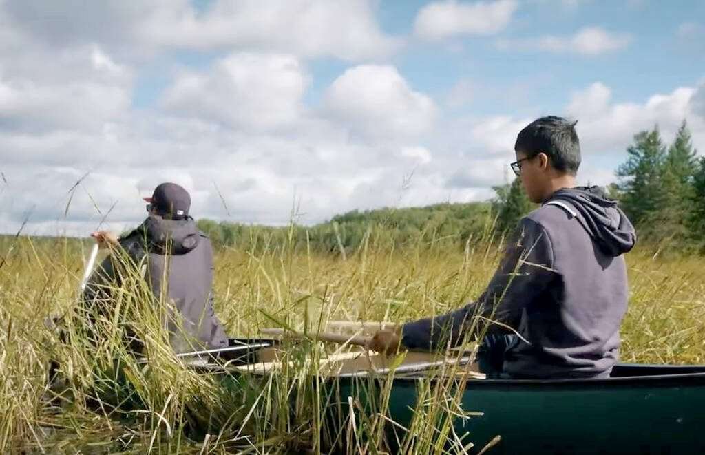 A screengrab of two people canoeing out to harvest manomin (wild rice) in The Manomin Project's "Stories from Niisaachewan" documentary about the impact of the Winnipeg River's hydroelectric development and environmental change on the Niisaachewan Anishinaabe Nation (NAN) community. Copyright: The Manomin Project