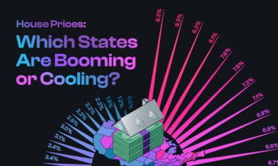 Part of a radial bar chart showing housing market price changes by state with the text "House Prices: Which States Are Booming or Cooling?"