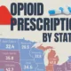 This cropped map tracks the opioid prescription rates per 100 persons across all 50 U.S. states and DC per 2023 data from the CDC.