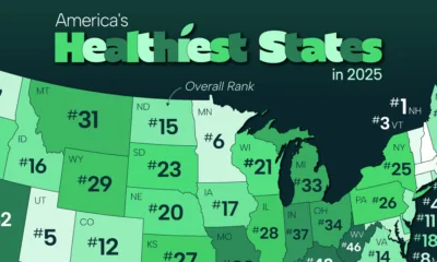 Map showing America's healthiest states in 2025.