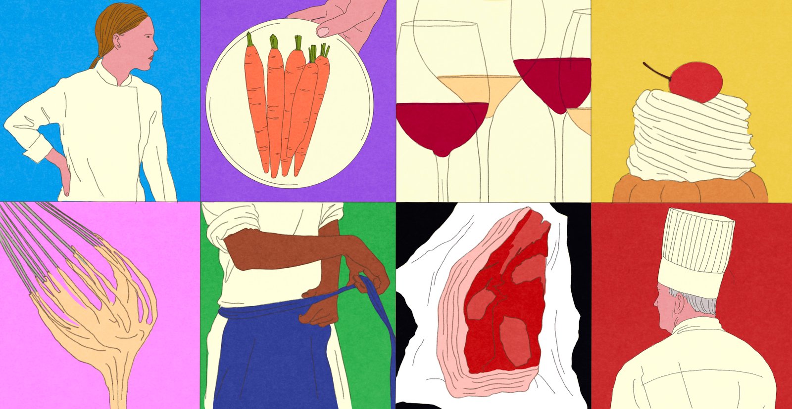 Illustration of chefs, plate of carrots, glasses of wine, pastry, and steak