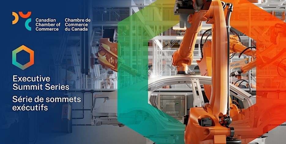 Picture of a rainbow coloured hexagon around an orange robot with the text to the left announcing the Summit Series,