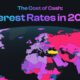 Part of a world map with countries shaded according to interest rates in 2025.