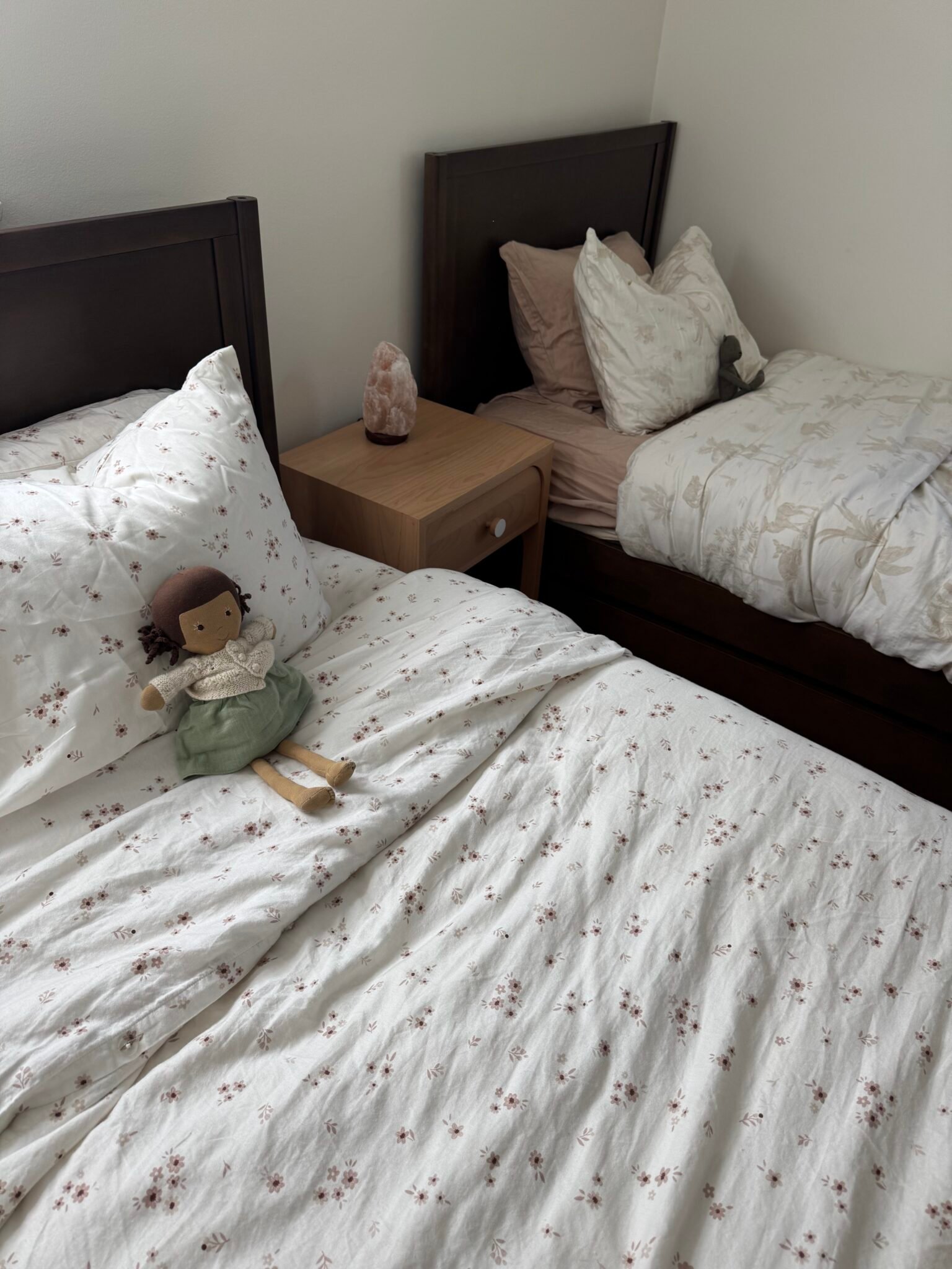 Two beds with floral-patterned bedding and pillows are separated by a small wooden nightstand with a pink crystal. A cloth doll sits on one bed; a gray stuffed animal is on the other.