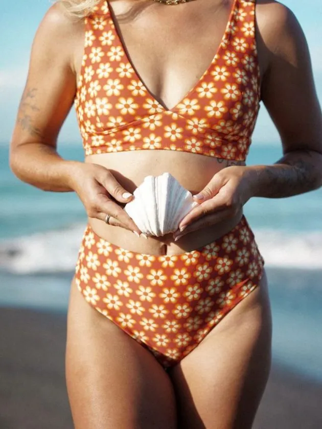 Eco-friendly bikini with orange retro print