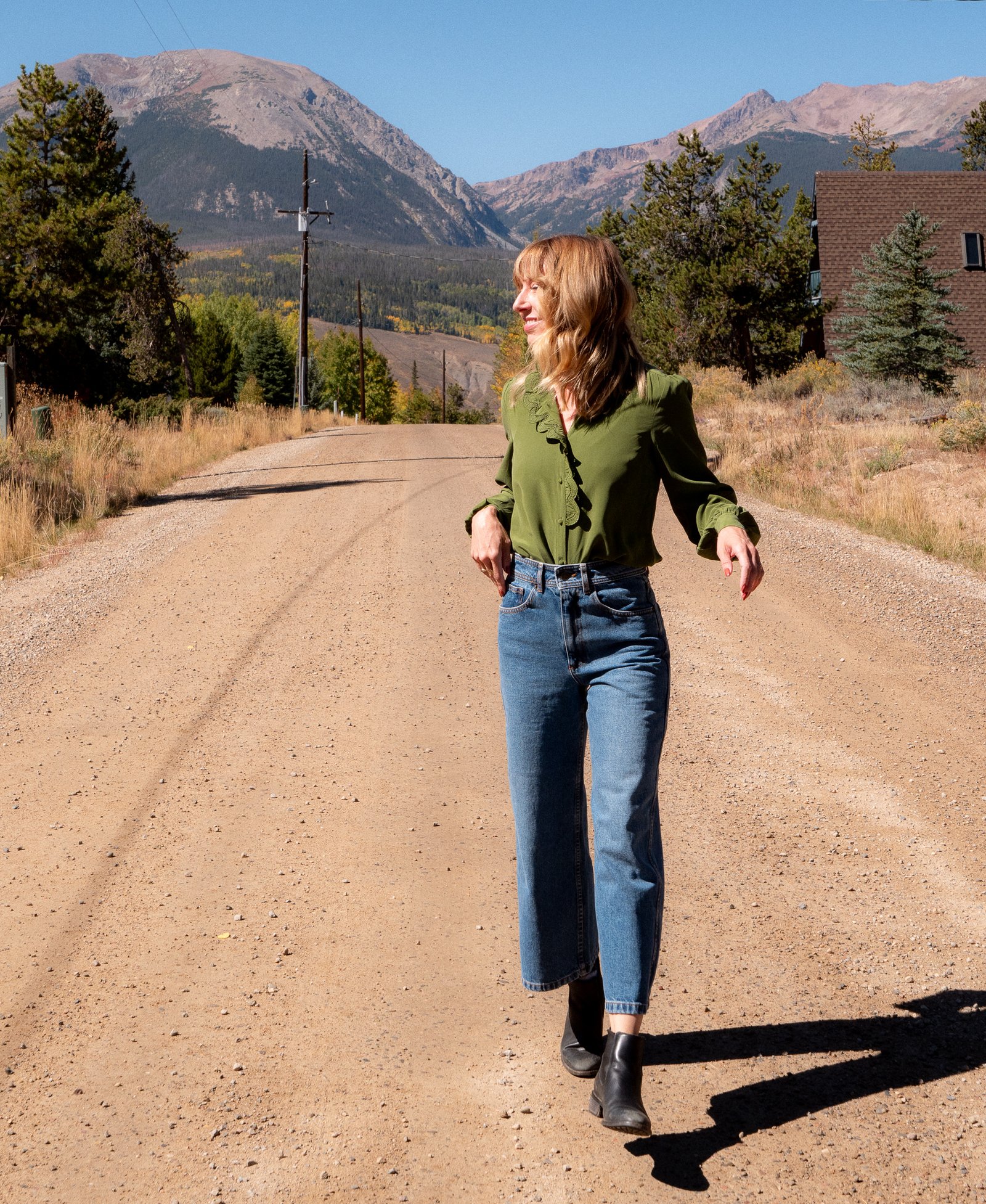 The writer wearing the Sézane Chlo shirt.