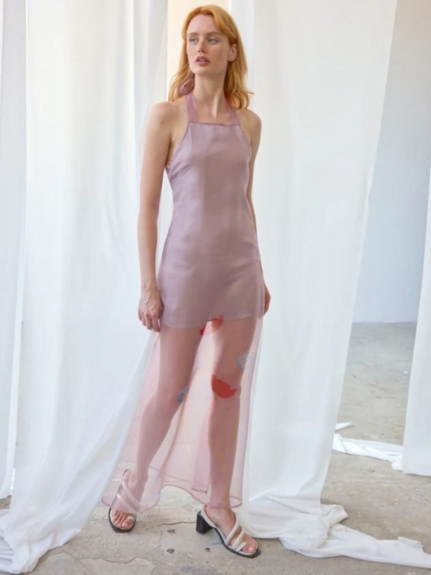 Blush pink mini dress with sheer skirt made from deadstock fabrics