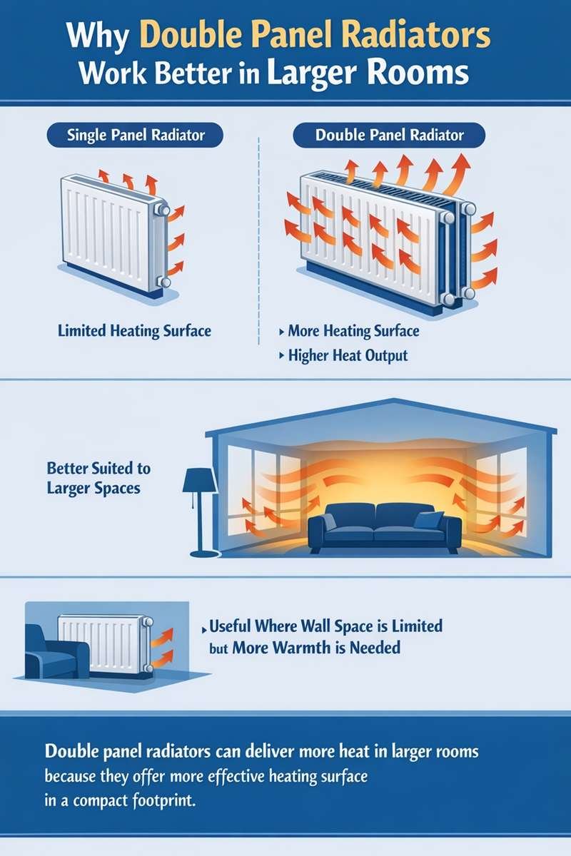 Why Double Panel Radiators Work Better in Larger Rooms infographic comparing a single panel radiator with a double panel radiator, showing more heating surface, higher heat output, and better heat distribution in larger spaces.