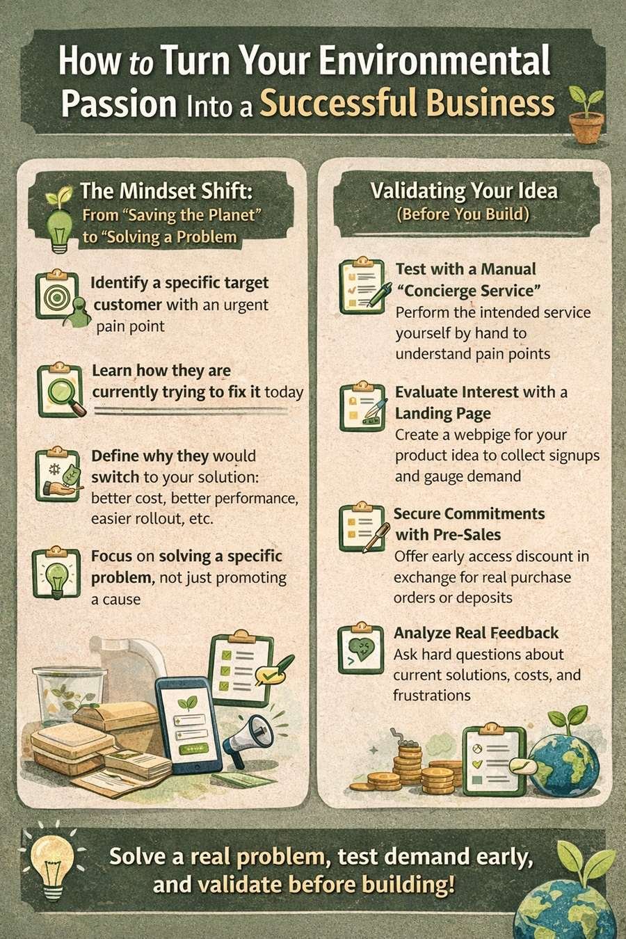 Infographic showing steps to validate a green startup idea before building a product.