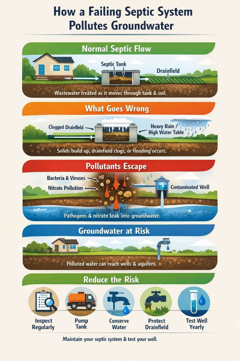 Step-by-step infographic explaining septic system failure, showing clogged drainfield, bacteria and nitrate leakage into groundwater, risks to wells, and prevention tips like inspection, pumping, and water conservation.