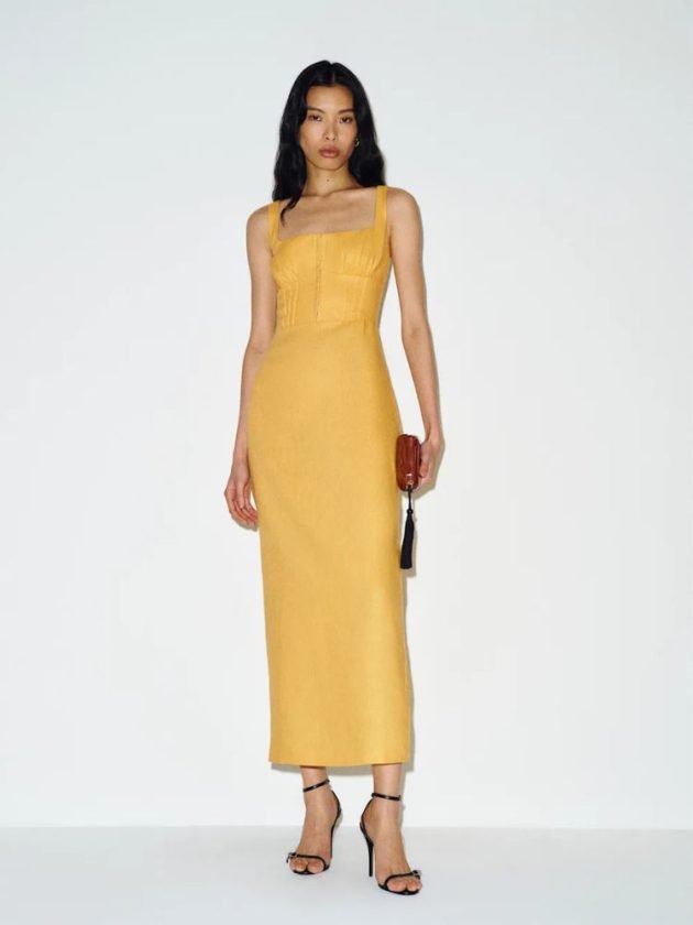 Yellow linen midi dress