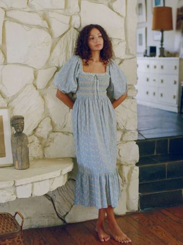 Blue floral puff sleeve organic cotton dress