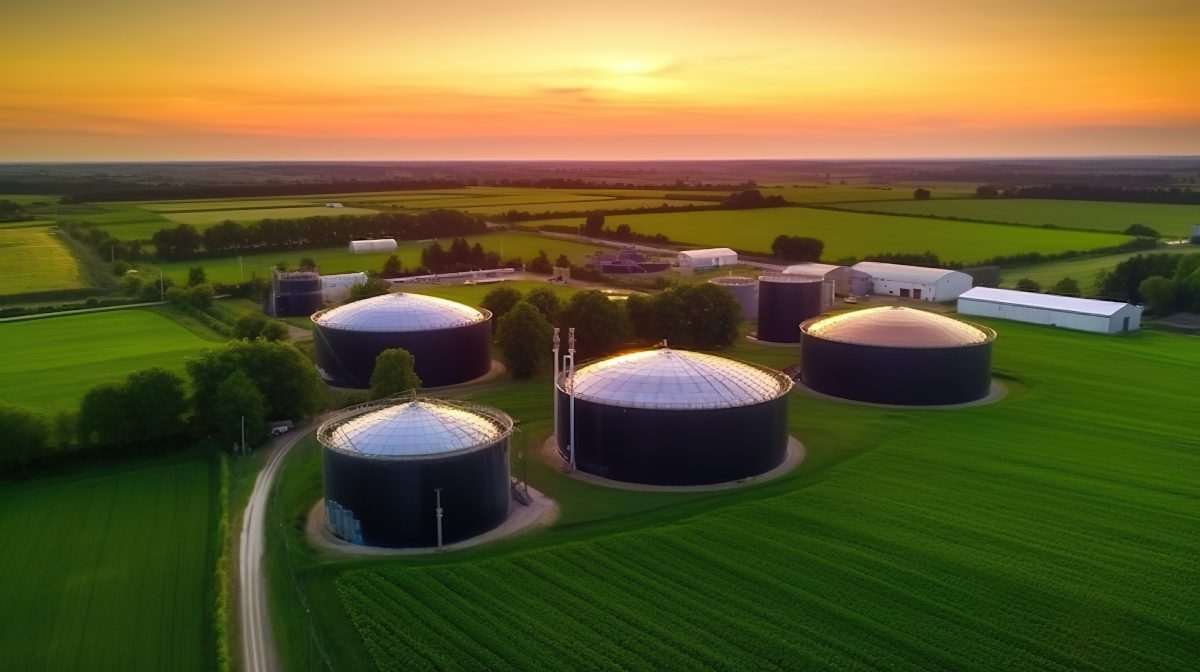 Biogas storage domes in rural landscape with orange-hued sky denoting sunset