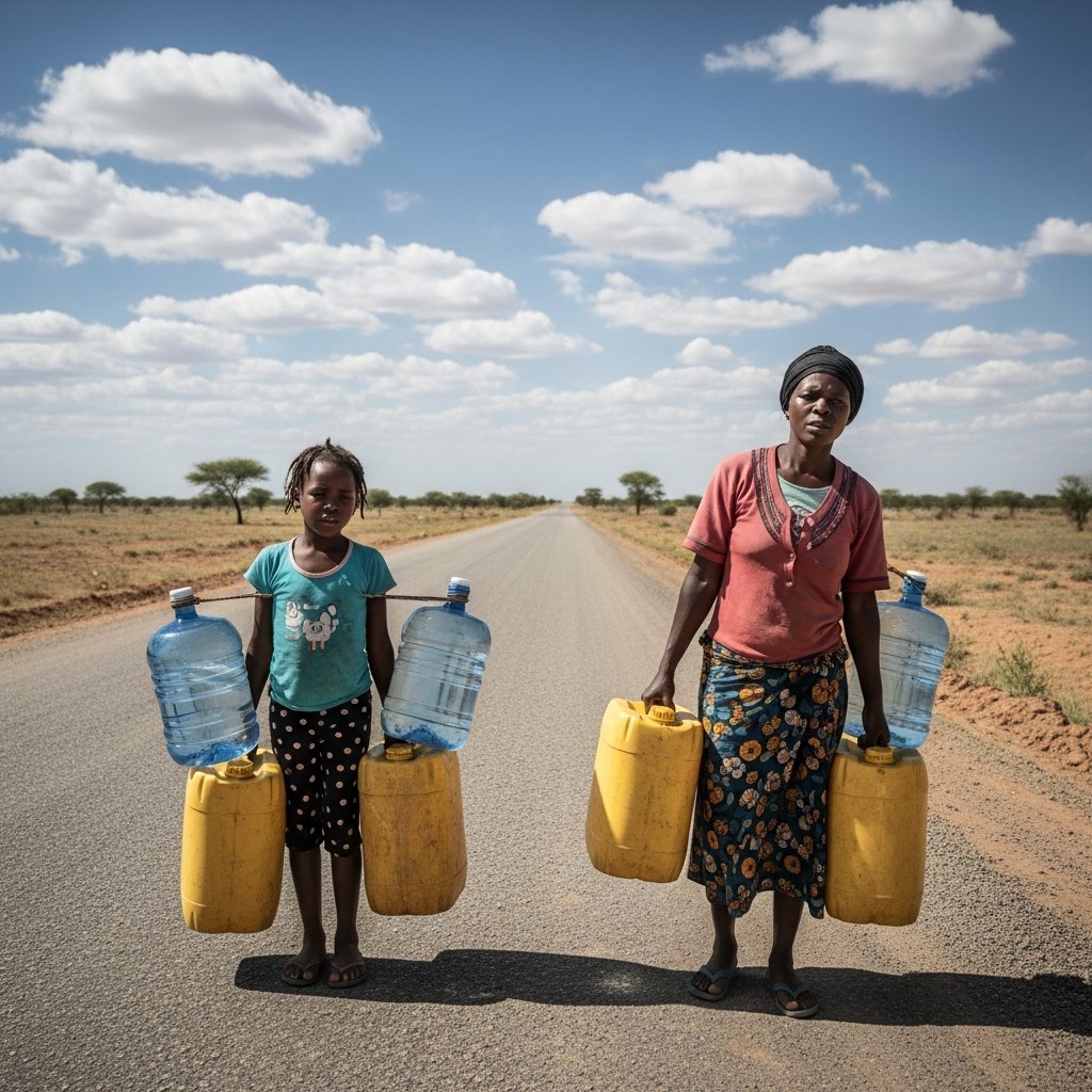 Mother and daughter carrying heavy water jerry cans along a long dusty rural road under harsh sun