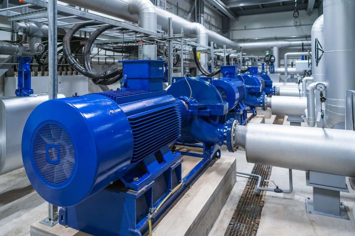 Pumps in an indoor industrial setting, a water treatment plant