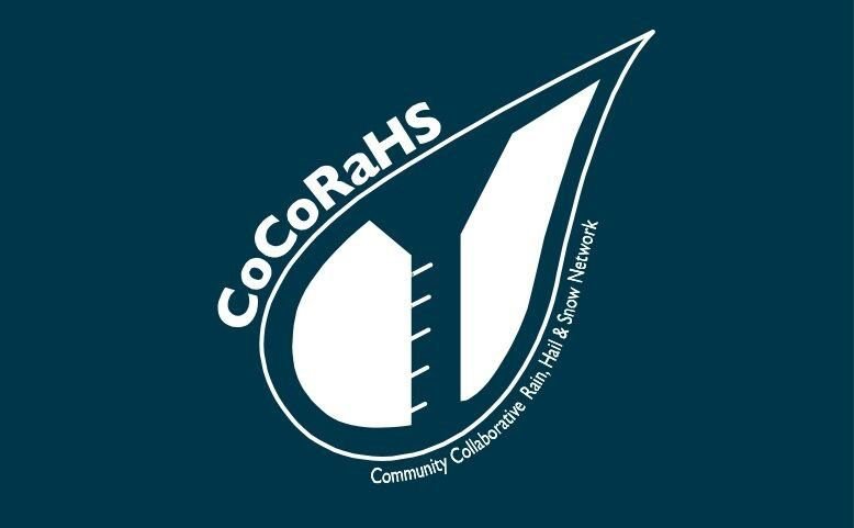 White CoCoRaHS logo on dark blue background