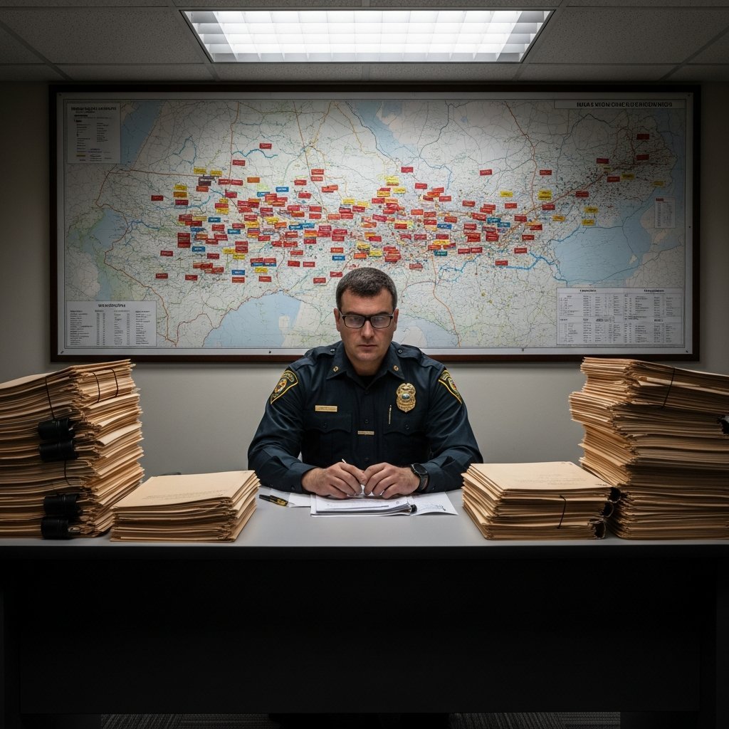 Overwhelmed environmental enforcement officer at a cluttered desk with case files and a regional incident map.