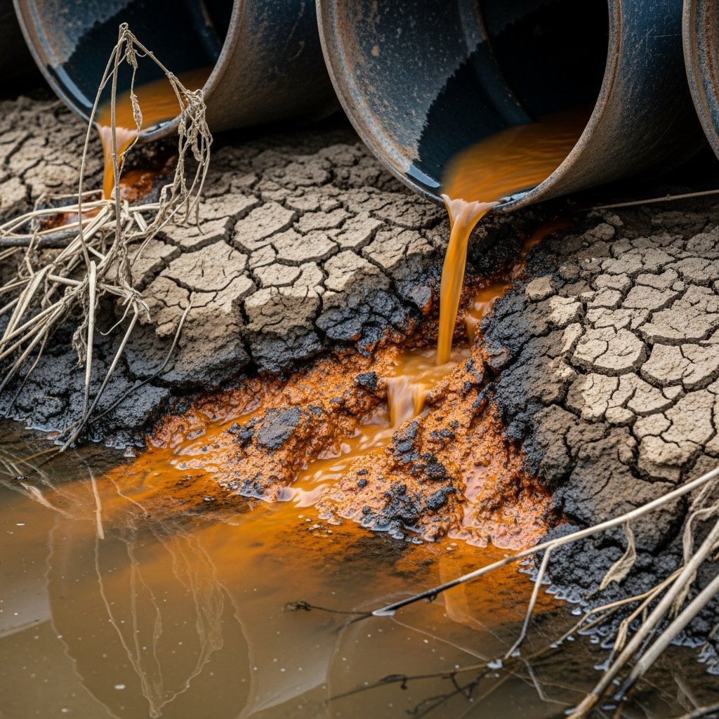 Toxic leachate seeping from illegally dumped industrial barrels into contaminated soil next to a stream.