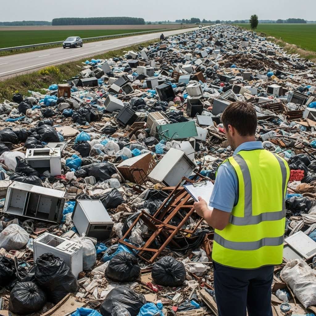 Municipal inspector surveying a large roadside illegal dump site filled with appliances, debris, and waste bags.