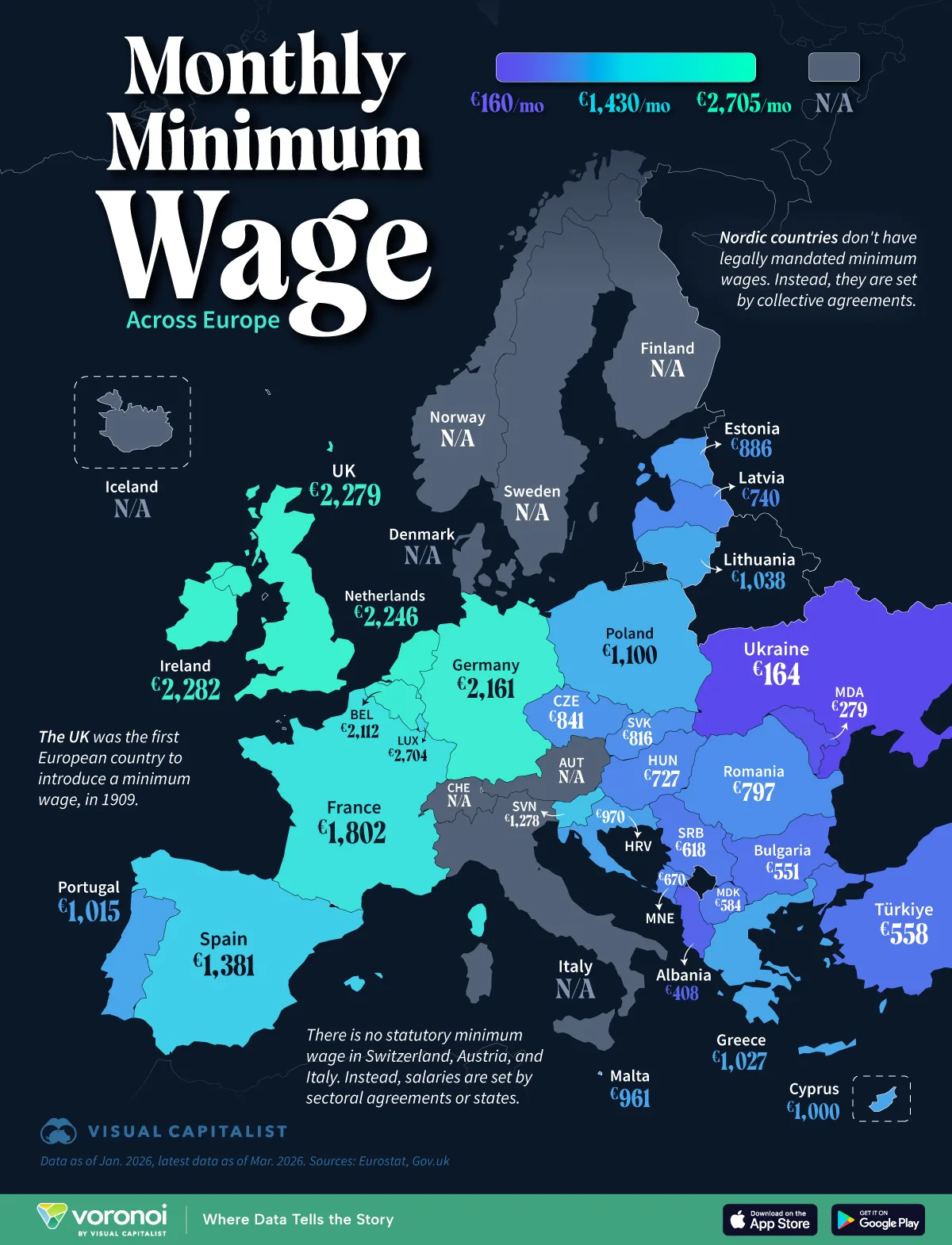 A map of that shows different salaries across Europe with a coloured ledger