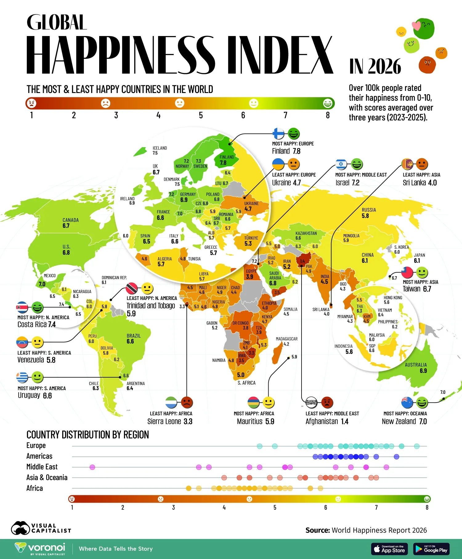 Map showing the world happiness index by country in 2026.
