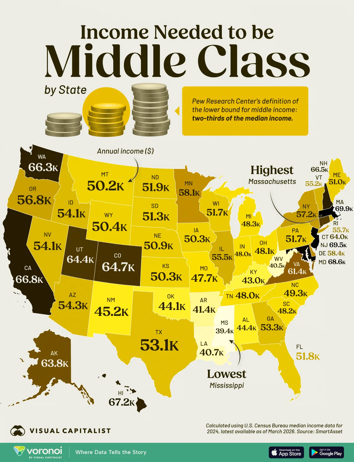 Map showing the income needed to be middle class by state.