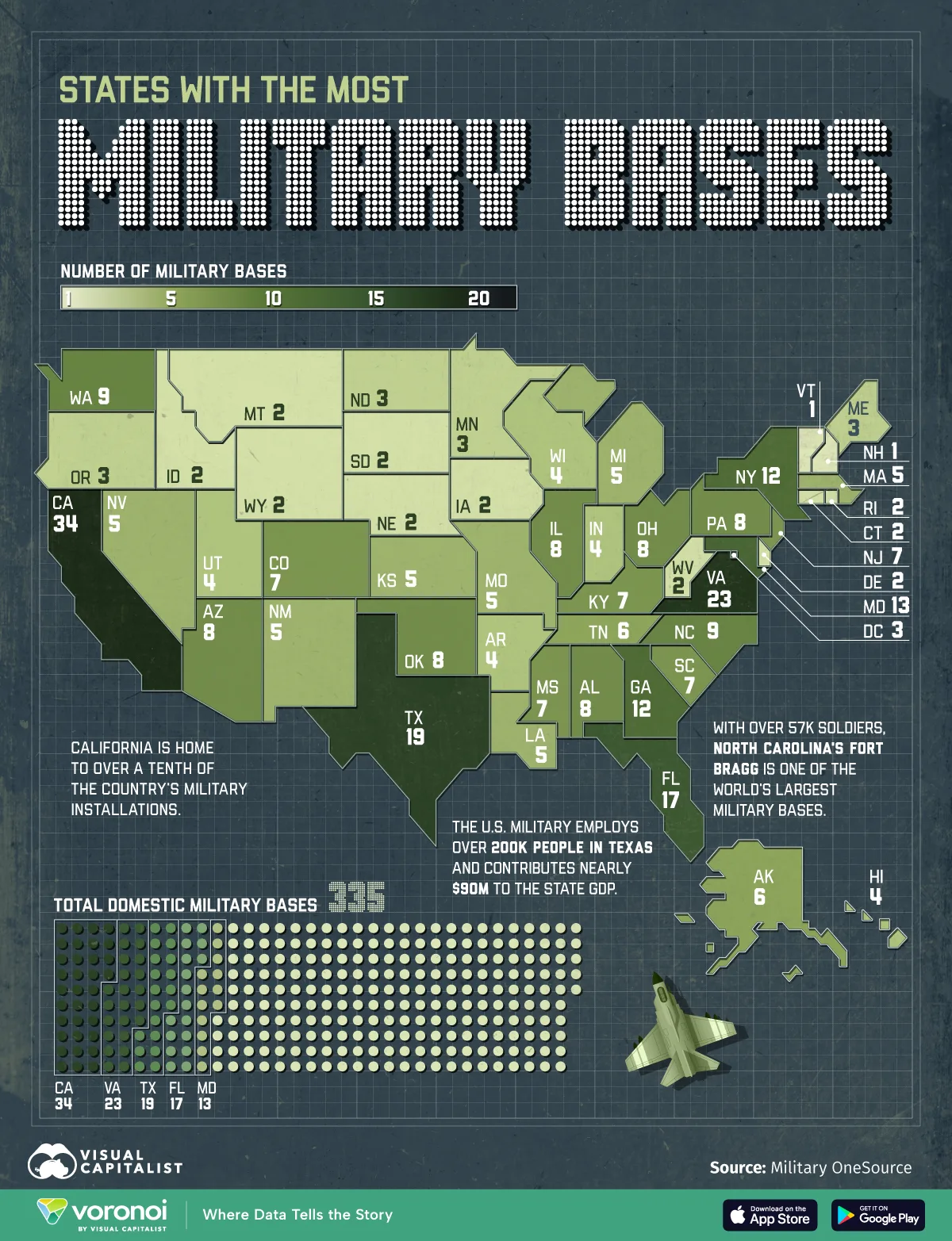 Map of the US with the number of military bases in each state.