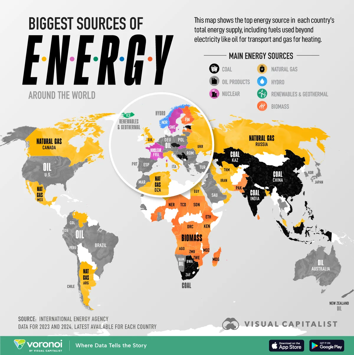 Map showing the leading energy source by country.
