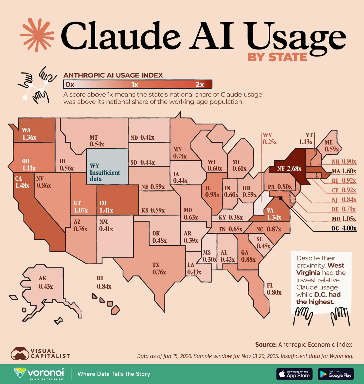 A map of the US charting Claude (chatbot) use by state.