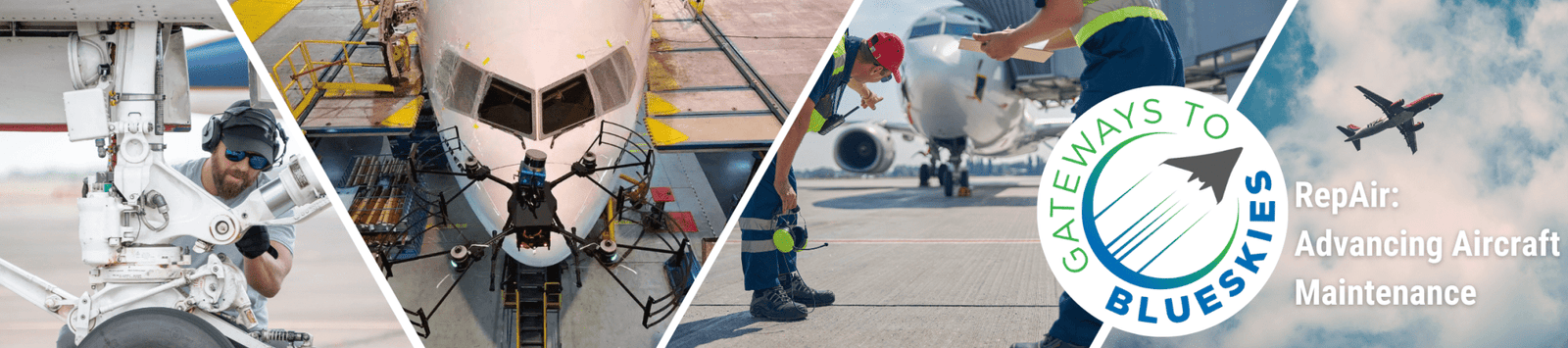 A photo collage showing aircraft and people for the Gateways to Blue Skies Competition with the 2026 topic RepAir: Advancing Aircraft Maintenance.