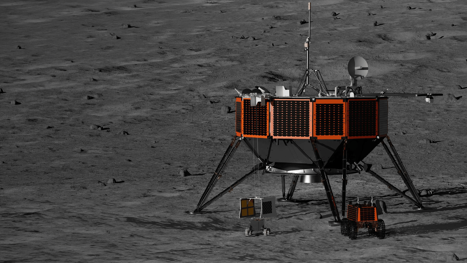 Rendering of the orange and black Nova-D lunar lander between two small lunar rovers on the dark gray surface of the Moon.
