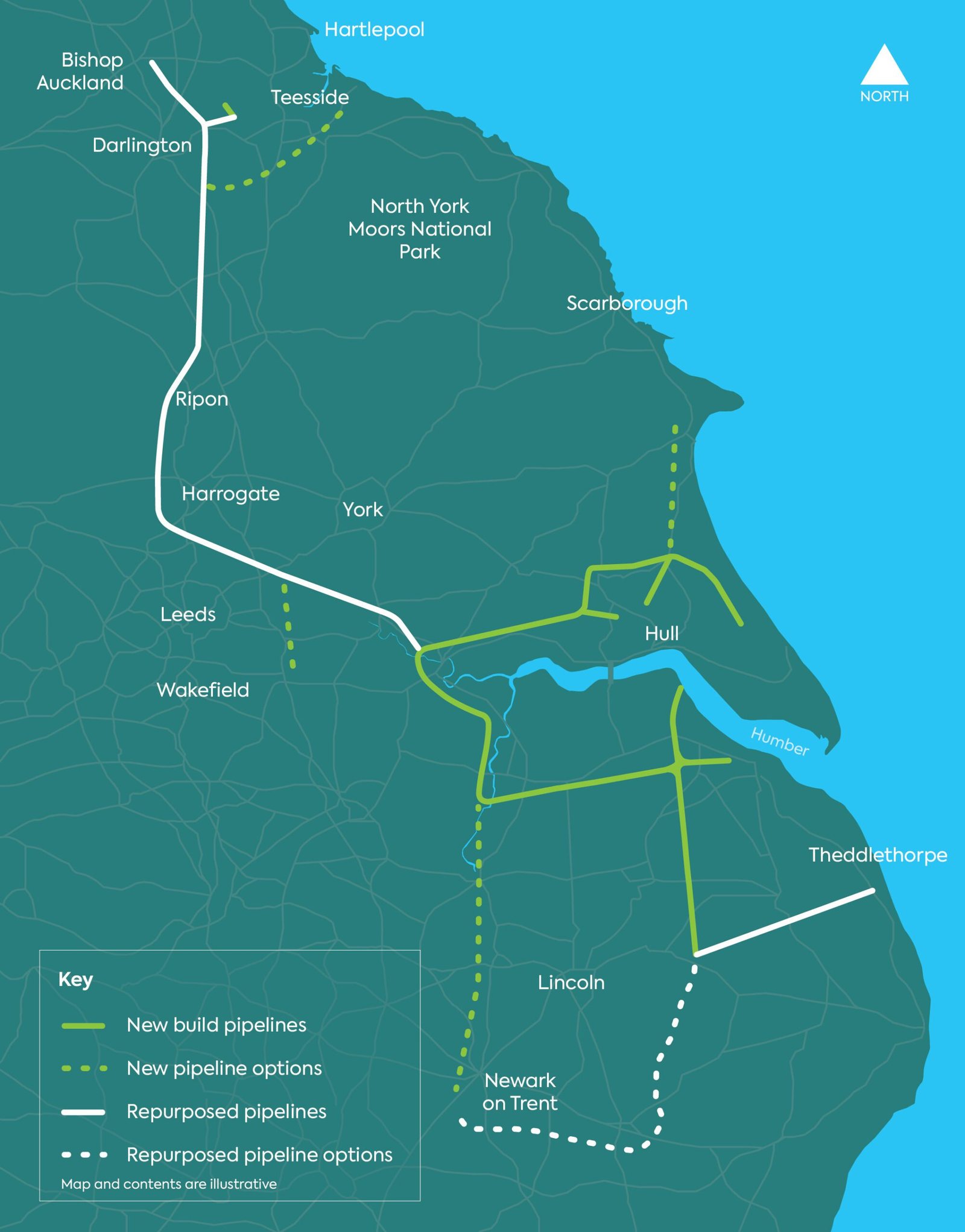 map showing an area of Eastern England and a line tracing the path of a pipeline