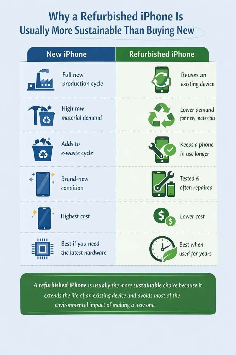 New vs refurbished iPhone sustainability comparison infographic showing why refurbished is more eco-friendly.